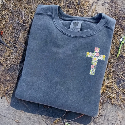 Floral Cross Embroidered Sweatshirt